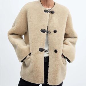 Mango faux shearling beige and black coat